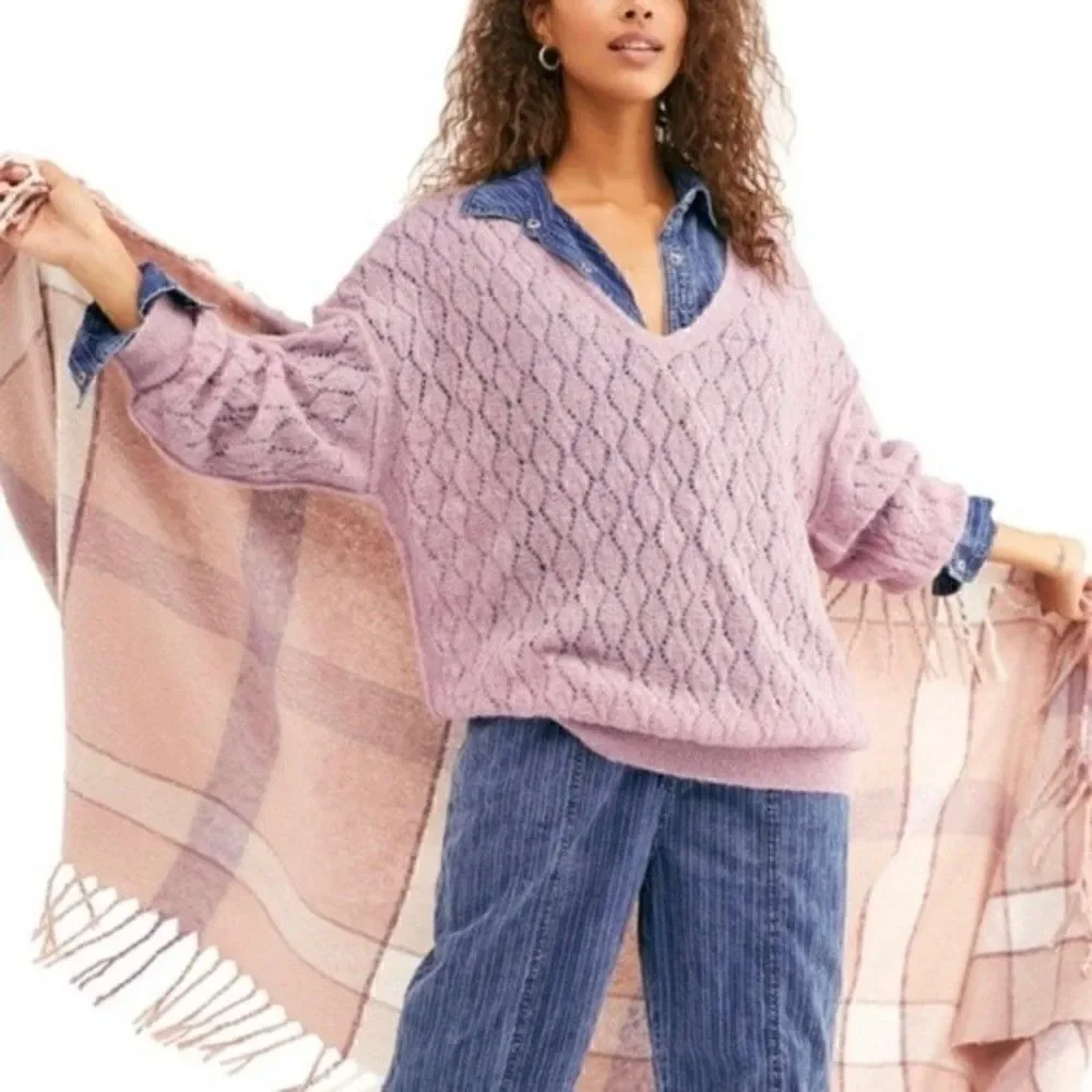 New! Free People Say Hello Wool Alpaca Knit Open Stitch Oversized Sweater